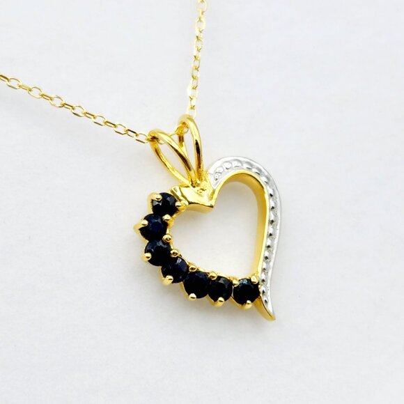 Sterling Silver Gold plated Heart Shaped with 7 Genuine Blue Sapphire Pendant - Picture 3 of 7